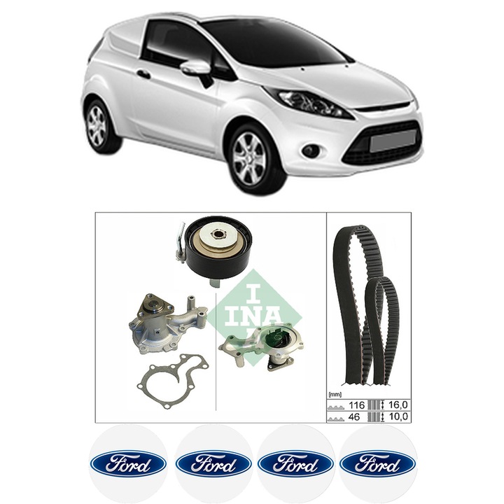 Set Kit de distributie curea intinzator pompa de apa FORD FIESTA VI Van 1.0 EcoBoost2013-2017, KW 74 CP 100 CMC 998, Auto, INA, 4x Stickere auto cu FORD