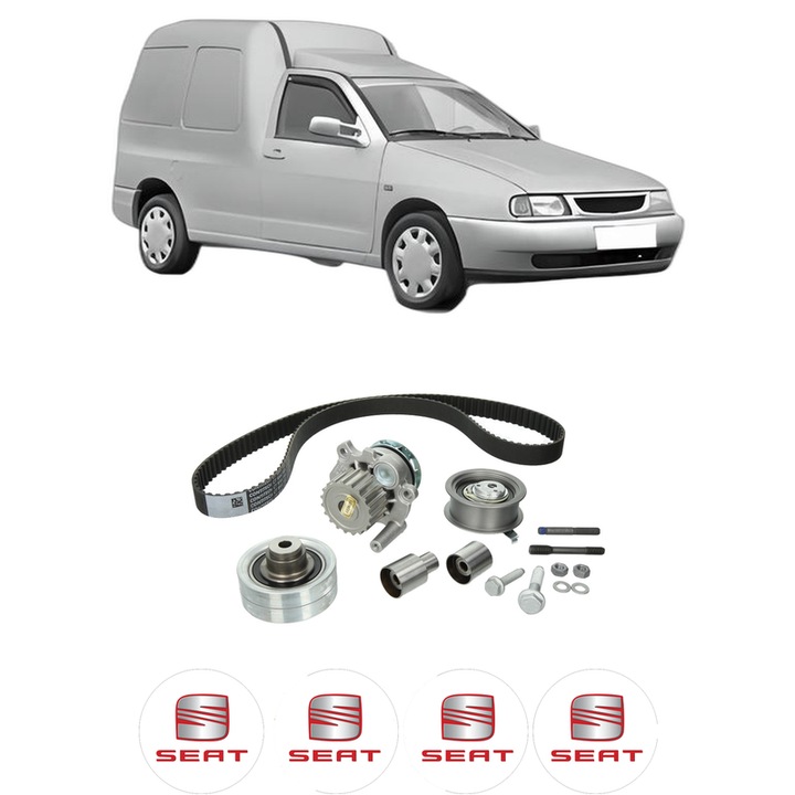 Set Kit de distributie curea intinzator pompa de apa SEAT INCA (6K9) 1.9 SDI din 1995-2003, KW 47 CP 64 CMC 1896, Auto, HEPU, 4x Stickere auto cu SEAT