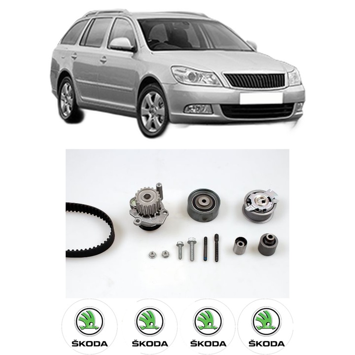 Set Kit de distributie curea intinzator pompa de apa SKODA OCTAVIA II Combi (1Z5) 2.0 TDI RS din 2006-2013, KW 125 CP 170 CMC 1968, Auto, HEPU, 4x Stickere auto cu SKODA