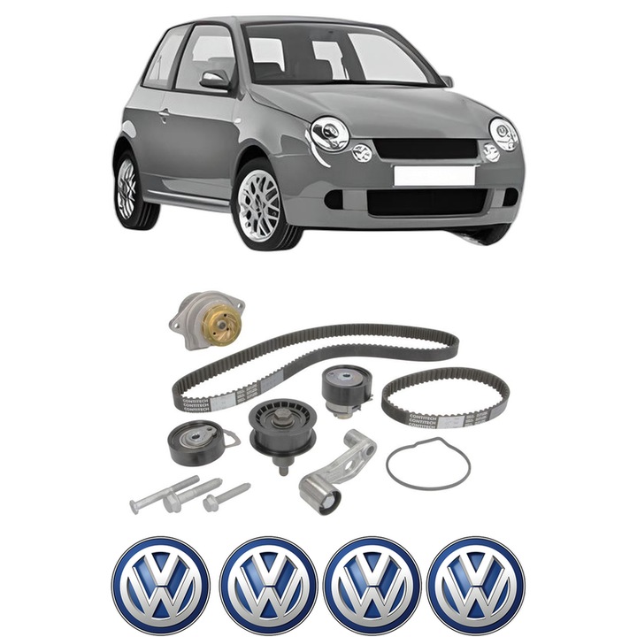 Set Kit de distributie curea intinzator pompa de apa Volkswagen LUPO I (6X1, 6E1) 1.4 16V din 1999-2005, KW 74 CP 100 CMC 1390, Auto, HEPU, 4x Stickere auto cu Volkswagen
