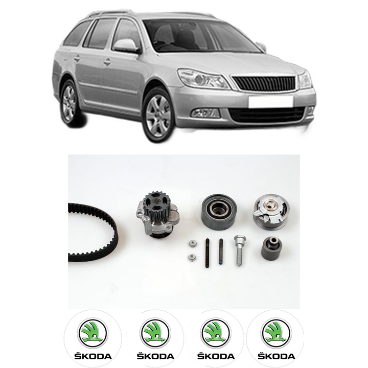 Set Kit de distributie curea intinzator pompa de apa SKODA OCTAVIA II Combi (1Z5) 2.0 TDI RS din 2006-2013, KW 125 CP 170 CMC 1968, Auto, HEPU, 4x Stickere auto cu SKODA