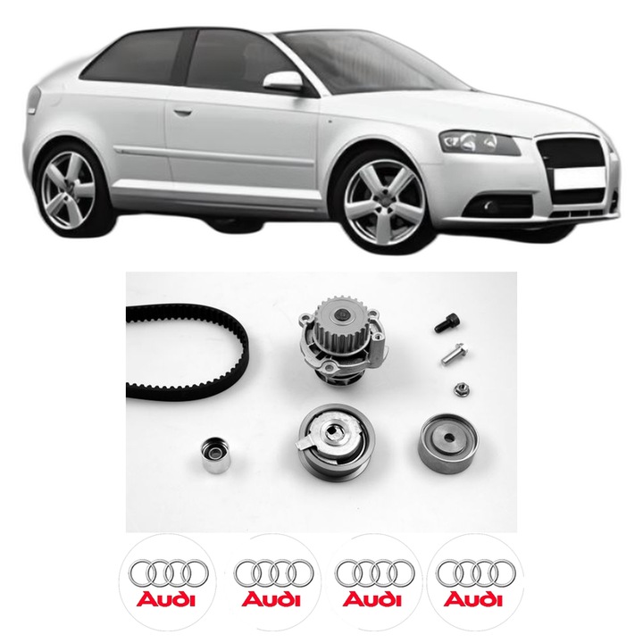 Set Kit de distributie curea intinzator pompa de apa AUDI A3 (8P1) 2.0 FSI din 2003-2008, KW 110 CP 150 CMC 1984, Auto, HEPU, 4x Stickere auto cu AUDI