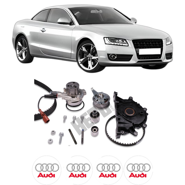 Set Kit de distributie curea intinzator pompa de apa AUDI A5 (8T3) 2.0 TDI din 2008-2017, KW 120 CP 163 CMC 1968, Auto, HEPU, 4x Stickere auto cu AUDI