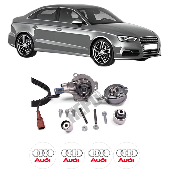 Set Kit de distributie curea intinzator pompa de apa AUDI A3 Limousine (8VS, 8VM) 2.0 TDI2013-2020, KW 105 CP 143 CMC 1968, Auto, HEPU, 4x Stickere auto cu AUDI