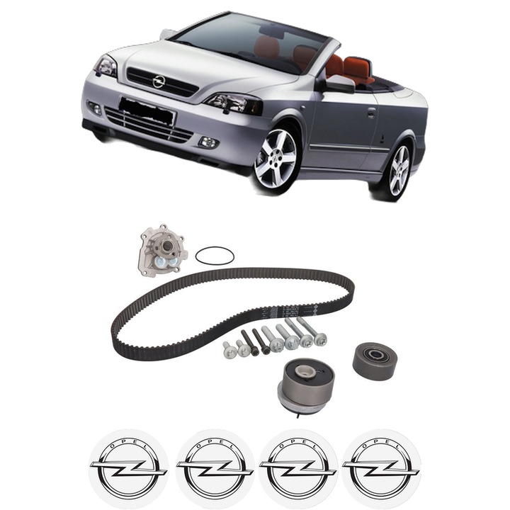 Set Kit de distributie curea intinzator pompa de apa OPEL ASTRA G Convertible (T98) 1.6 (F67)2003-2005, KW 76 CP 103 CMC 1598, Auto, INA, 4x Stickere auto cu OPEL