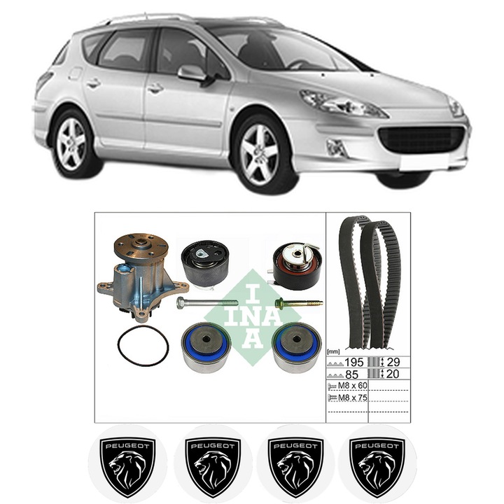 Set Kit de distributie curea intinzator pompa de apa PEUGEOT 407 SW (6E_, 6D_) 2.7 HDi2005-2010, KW 150 CP 204 CMC 2720, Auto, INA, 4x Stickere auto cu PEUGEOT
