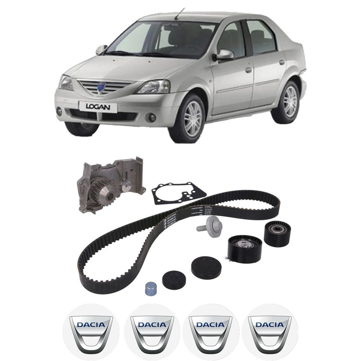 Set Kit de distributie curea intinzator pompa de apa DACIA LOGAN (LS_) 1.6 16V (LS09, LS0L, LS0M, LS0P, LS0V, LS18, LS1S, LS1V,...2006, KW 77 CP 105 CMC 1598, Auto, INA, 4x Stickere auto cu DACIA