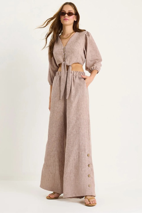 Set bluza si pantaloni dama, HiCCUP, decolteu in V, textil, maro scortisoara, M INTL