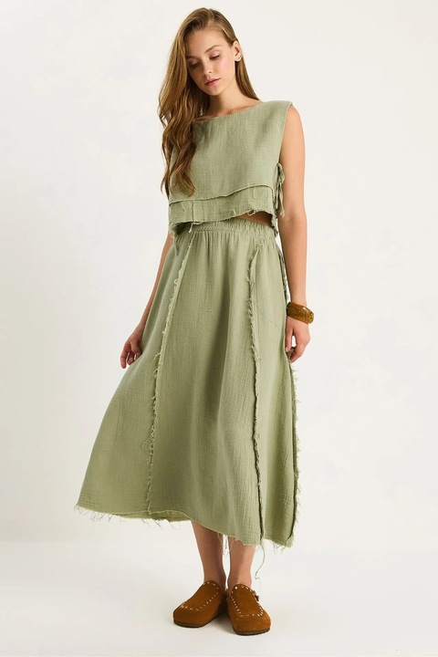 Set costume dama, HiCCUP, tunica texturata si pantaloni cu croi larg, verde padure, bumbac