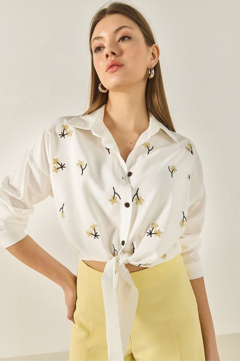 HICCCUP hímzett poplin ing, fehér, pamut, hosszú ujjú, gombos záródás