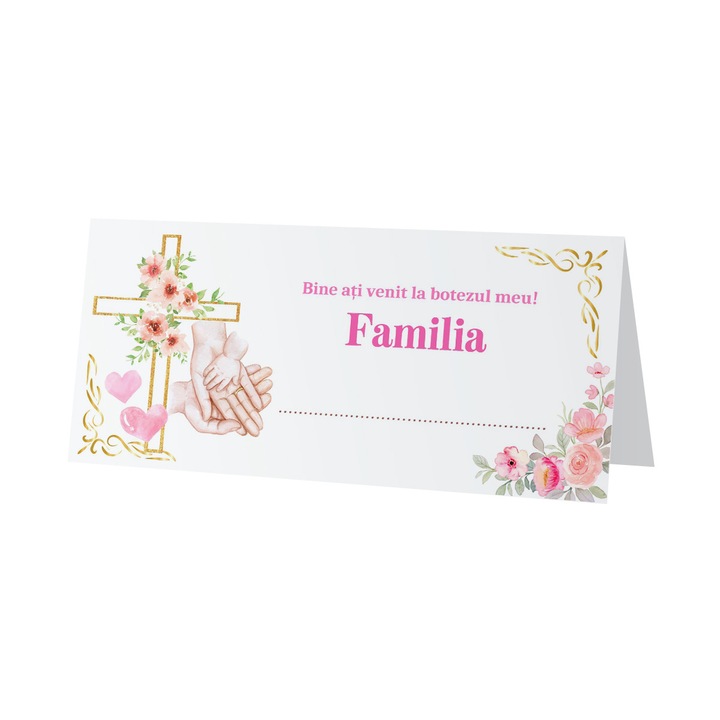 Plic de bani BUNILU pentru botez, cruce aurie cu flori roz, 20x10cm