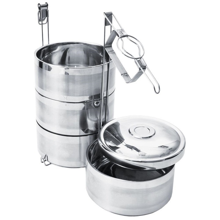 Sufertas Termica Pentru Pranz, 4 Niveluri Cu Capac Si Suport, Orion, 4 Recipiente, 4X1.1 L, 36x16 cm, Otel, Izolatie Vid, Pentru Produse Lichide, Pentru Produse Solide, Maner De Transport, Argintiu