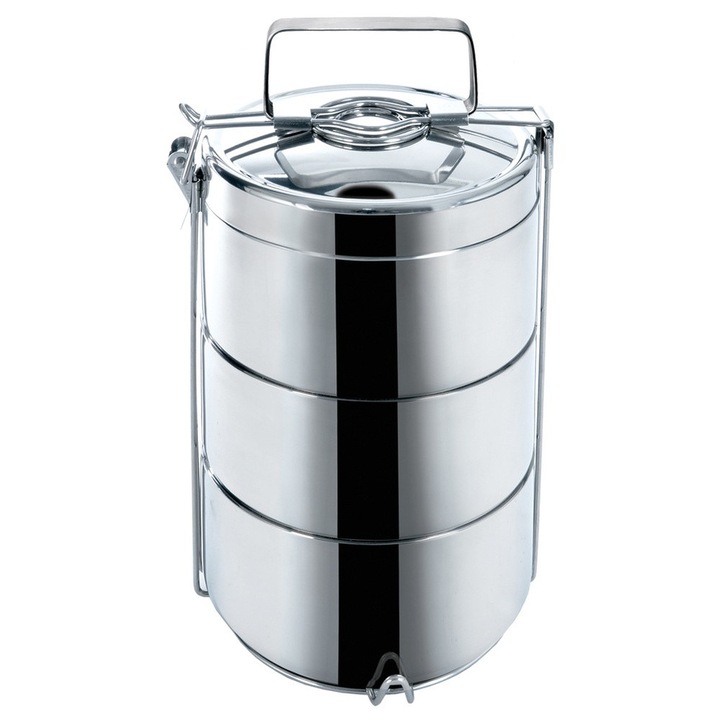 Sufertas Termica Pentru Pranz, 3 Niveluri, Cu Capac Si Suport, Orion, 3 Recipiente, 3X900 ml, 29x14 cm, Otel, Izolatie Vidata, Maner Pentru Transport, Potrivita Pentru Spalare In Masina De Spalat Vase, Argintie