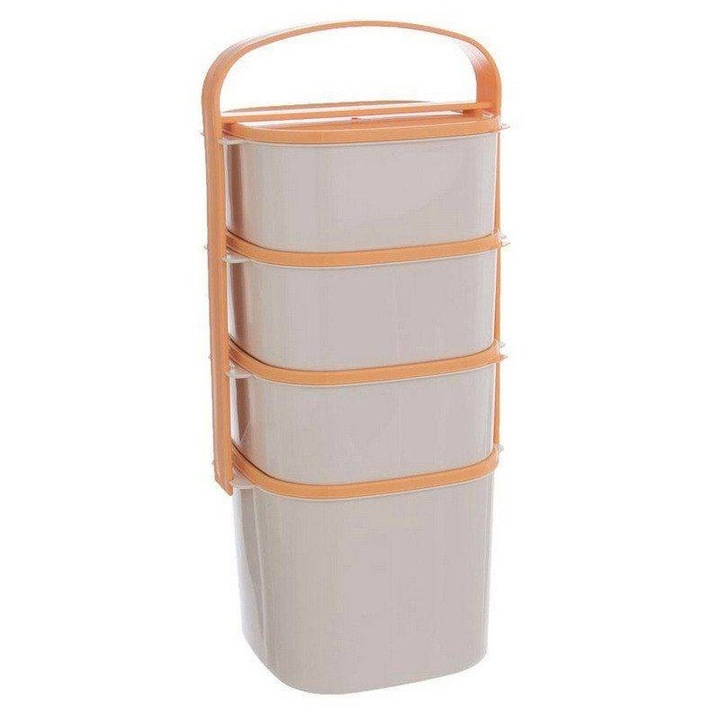 Sufertas De Pranz 4-Nivele, Orion, 4 Recipiente, Capacitate 1x2 L, 3x1.15 L, 15x15x37 cm, Fabricata Din Plastic, Fara Bpa, Portocalie