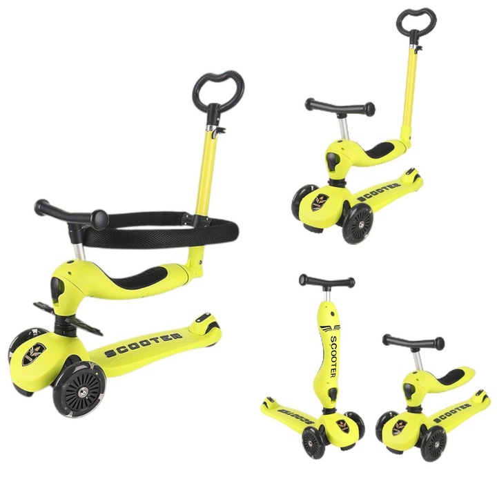 Trotineta 4 in 1 transformabila in tricicleta, cu bara parentala reglabila, protectie pentru copii, suport picioruse, roti iluminate in miscare, trei trepte de reglare a inaltimii, galben