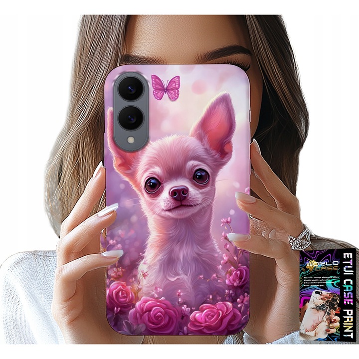 Samsung Galaxy S25 Edge telefontok, World Case, Chihuahua design rózsaszín alapon virágokkal, szilikon