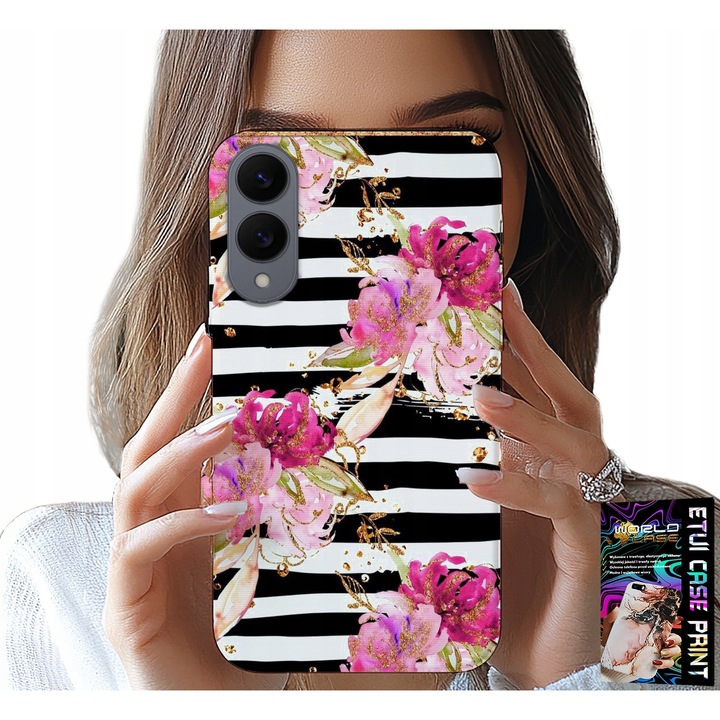 Telefontok, World Case, fekete-fehér csíkos virágmintás, szilikon, Samsung Galaxy S25 Edge