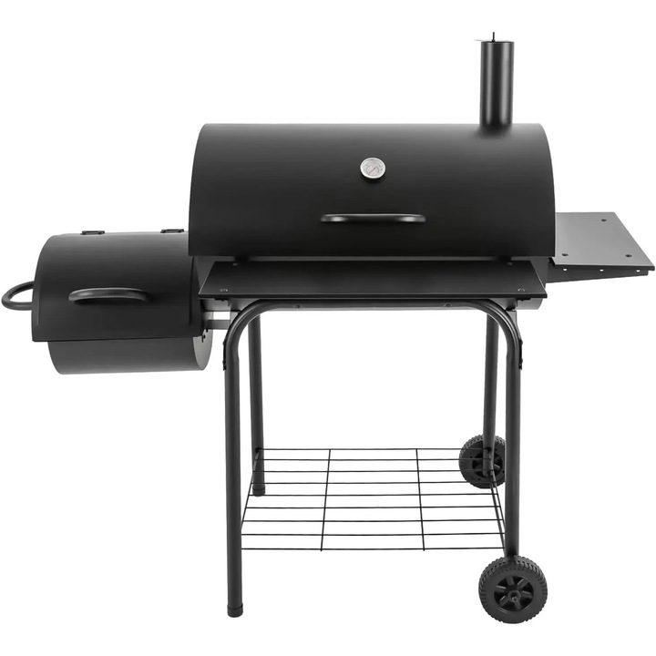 BBQ faszenes grill, Kocsi modell, Nagy kapacitás, Beépített hőmérő, Kémény, 2 főzőrács, 2 oldalsó polc, Fekete