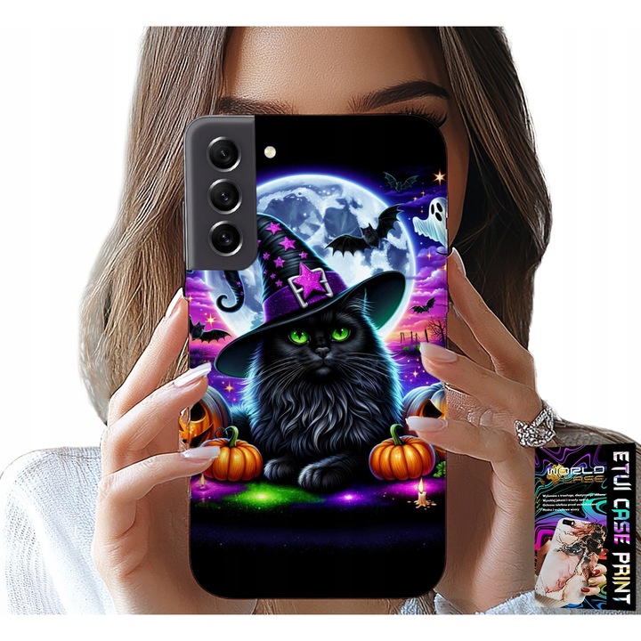 Husa pentru Samsung Galaxy S21 FE, World Case, design pisică neagră Halloween, material silicon, multicolor