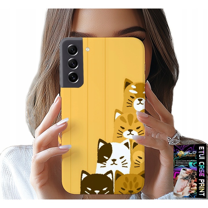 Carcasă pentru telefon, World Case, pentru Samsung Galaxy S21 FE, imprimeu cu pisici, silicon, set cu sticlă protectoare