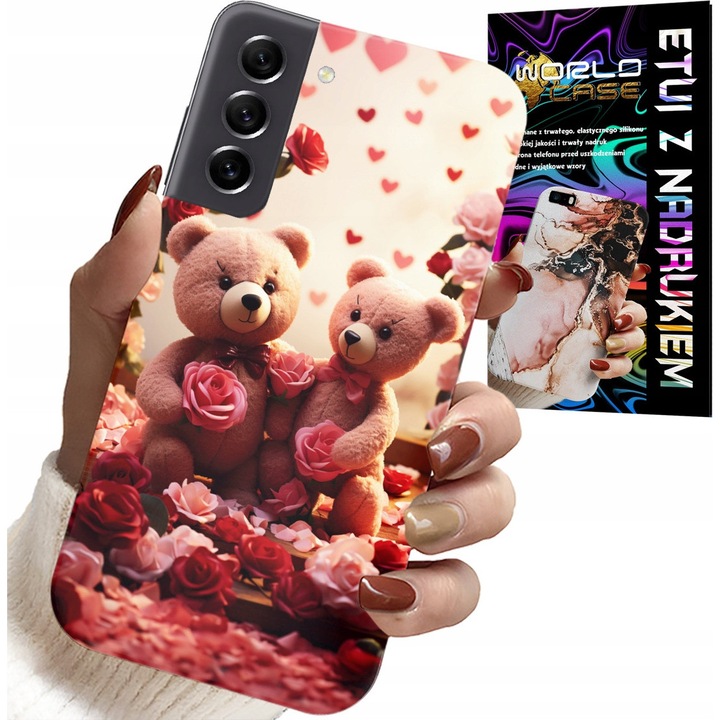 Samsung Galaxy S21 FE tok, World Case, plüssmackók, szív, szilikon