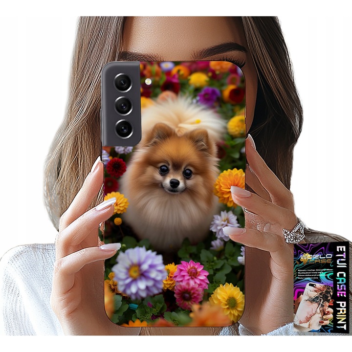 Tok Samsung Galaxy S21 FE-hez, World Case, Pomerániai kutyus mintával, szilikon, üvegfóliával