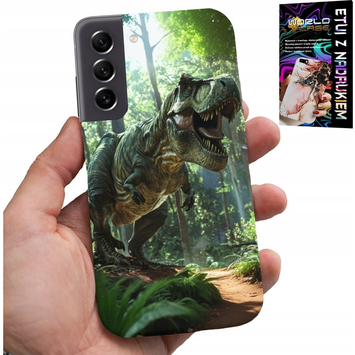Carcasa pentru Samsung Galaxy S21 FE World Case, design Tyrannosaurus, silicon, set cu sticlă protectoare