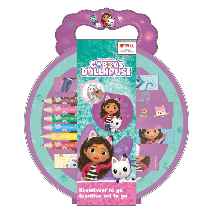 Set creativ Casa pisicii lui Gaby, 6 mini creioane, 2 foi autocolante metalice, 4 foi autocolante din hartie, 21x16,5x4cm