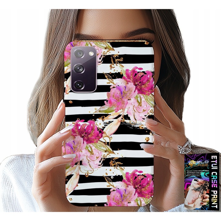 Telefontok, World Case, virágos fekete-fehér csíkokkal, szilikon, Samsung Galaxy S20 FE-hez
