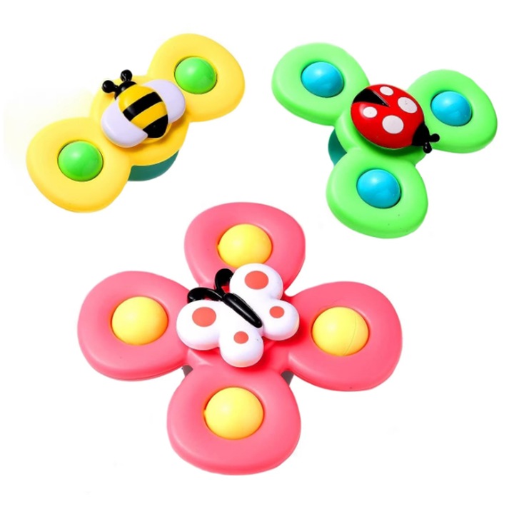 Jucarii interactive pentru bebelusi pentru joaca, baie, calatorii, mancare, dentitie si dezvoltarea abilitatilor motorii si a concentrarii. Set de 3 jucarii cu buburuza, fluture si albina