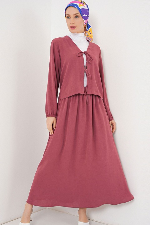 Női blúz és szoknya szett, HiCCUP, V-nyakú, textil, púderrózsaszín