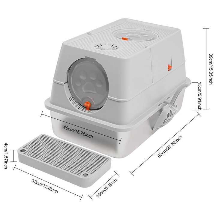 Litiera pentru pisici, design inchis, capacitate 28L, gri, usor de intretinut