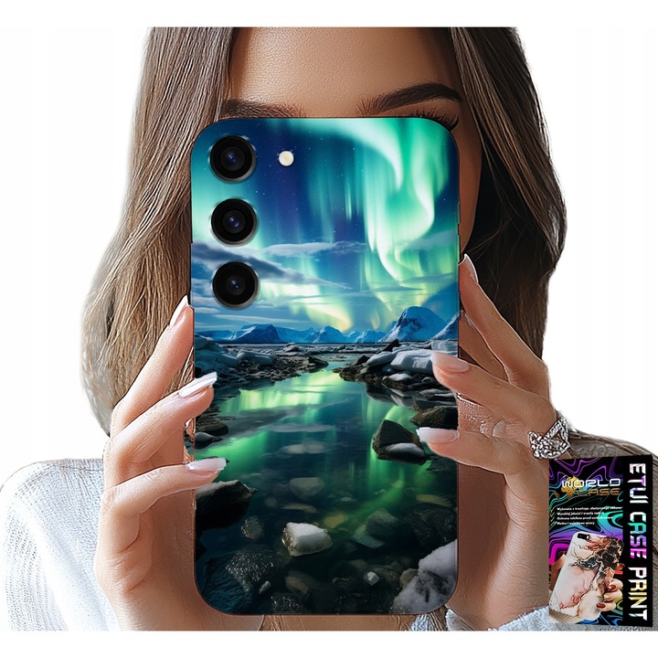 Tok Samsung Galaxy S23 Plus, World Case, Alaska Aurora Borealis utánzat, szilikon, üveg szettel
