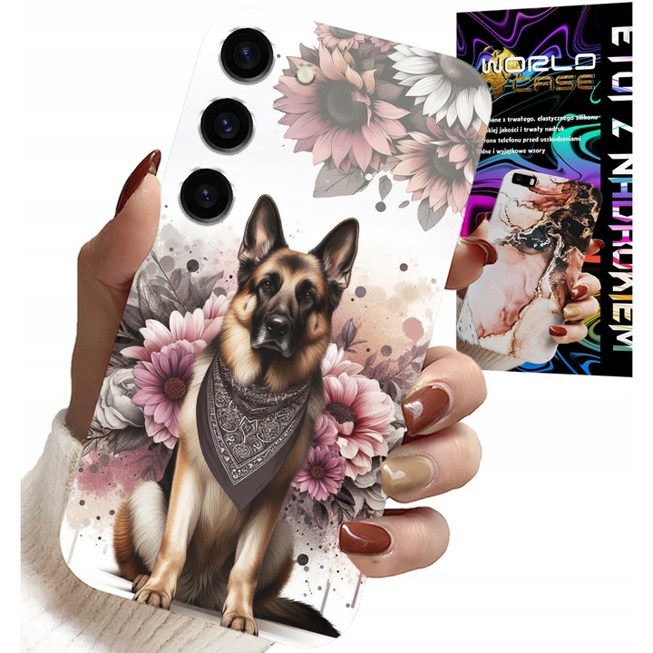 Tok Samsung Galaxy S23-hoz, World Case, gumi, német juhászkutya mintás, többszínű