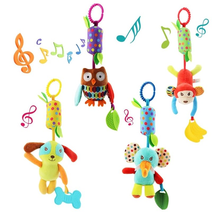Set de 4 Jucarie senzoriala si zornaitoare, Jucarie interactiva de plus Montessori pentru bebelusi, pentru bebelusi fete si baieti, 1 an, cu agatatoare, Culori Vibrante, 0-12 luni