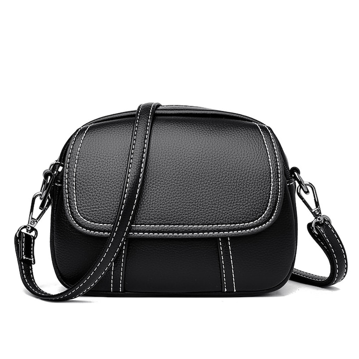 Geanta Dama, Crossbody, BOMSTOM, Piele Naturala, Negru, Negru