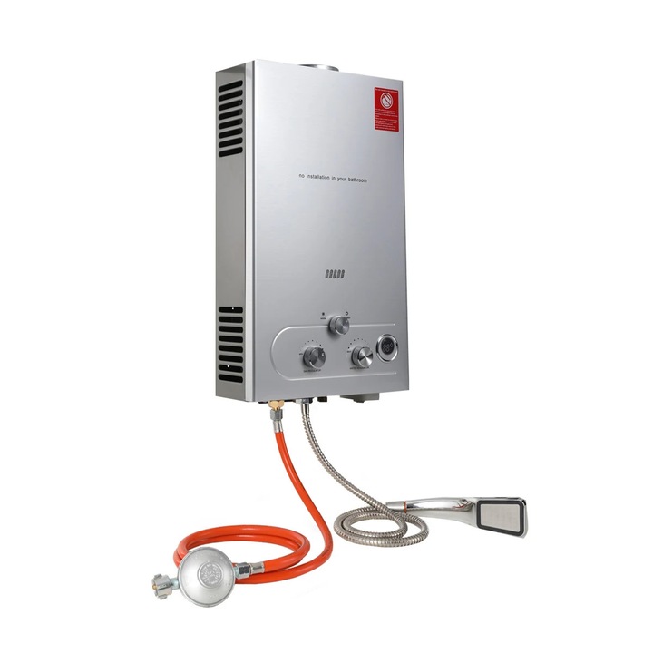 Boiler apa calda instant pe gaz, Incalzitor apa fara rezervor 16L LPG propan, Apa calda imediat, Otel inoxidabil, Cu dus si regulator presiune gaz, Gri