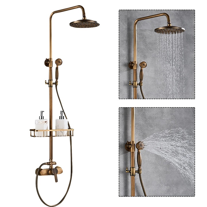 Set de dus, inaltime ajustabila 75-120 cm, cap de dus de 20 cm, doua optiuni de dus, material din alama si otel inoxidabil