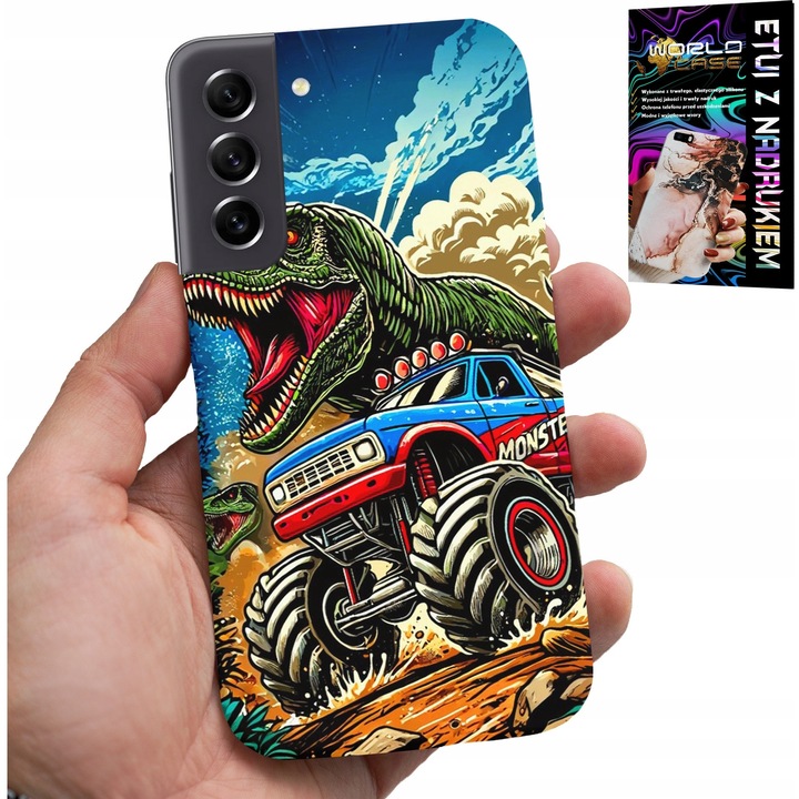 Caz pentru telefon, World Case, Samsung Galaxy S21 FE, imprimeu dinozaur în monster truck, silicon