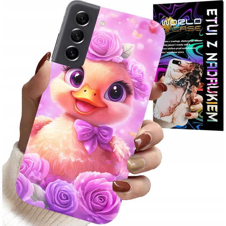 Telefontok, World Case, Samsung Galaxy S21 FE, rózsaszín háttér kacsával, szilikon