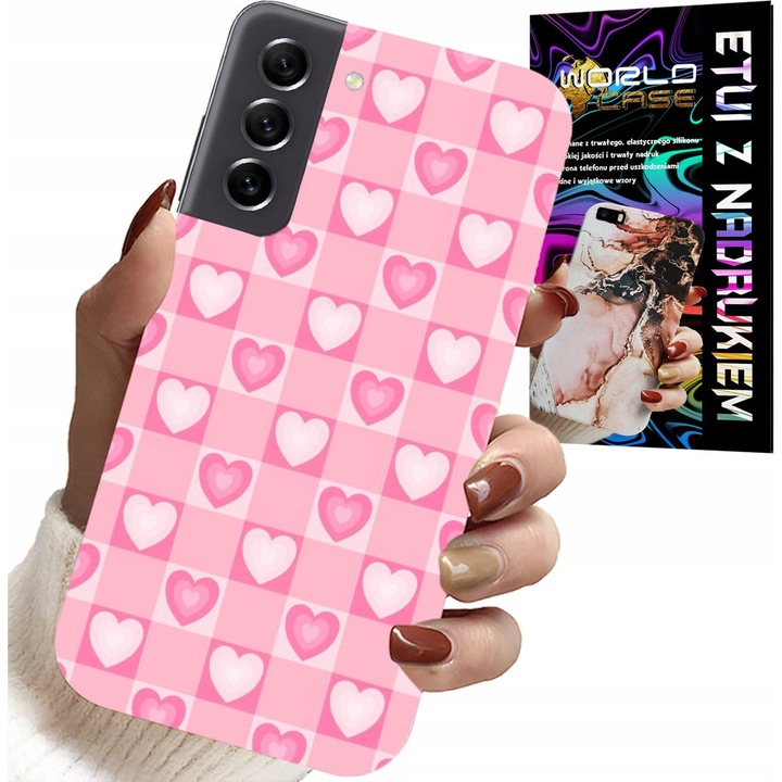 Husă pentru telefon, World Case, Samsung Galaxy S21 FE, silicon, roz cu inimioare, set cu sticlă