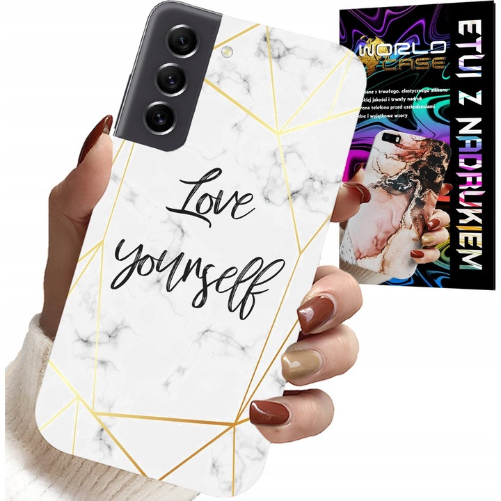 Husă pentru telefon, World Case, Samsung Galaxy S21 FE, marmură albă cu cadru aurii, silicon