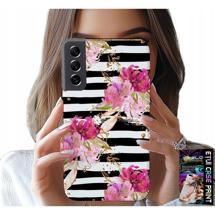 Husă telefon pentru Samsung Galaxy S21 FE, World Case, model floral cu dungi albe și negre, silicon, dimensiuni exacte 10x5x15cm