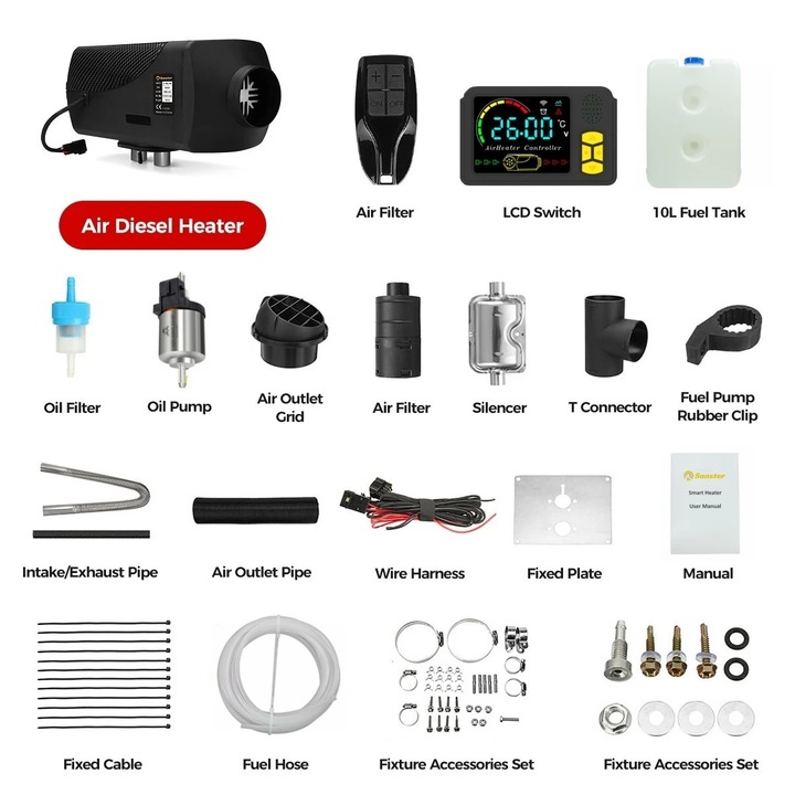 Dízel légfűtő, 2KW, Bluetooth vezérlés, Gyors fűtés, 12V/24V, 10L tartálykapacitás