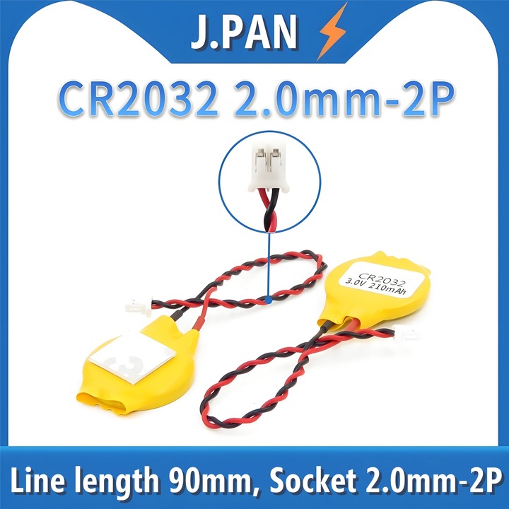 Baterie CR2032 pentru laptop, J.PAN, 210mAh, 3V, 2 fire cu conector 2.0mm-2P, 90mm, galben/negru
