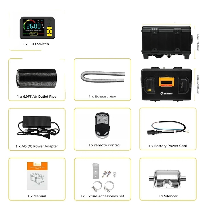 Incalzitor de aer portabil, 8KW, 12V/24V, 110-240V, control Bluetooth, 48 ore caldura continua