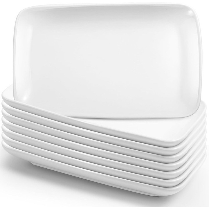 Jeffouoo 8 darabos téglalap alakú porcelán tányérkészlet, 8 hüvelykes, fehér, mosogatógépben és sütőben is használható