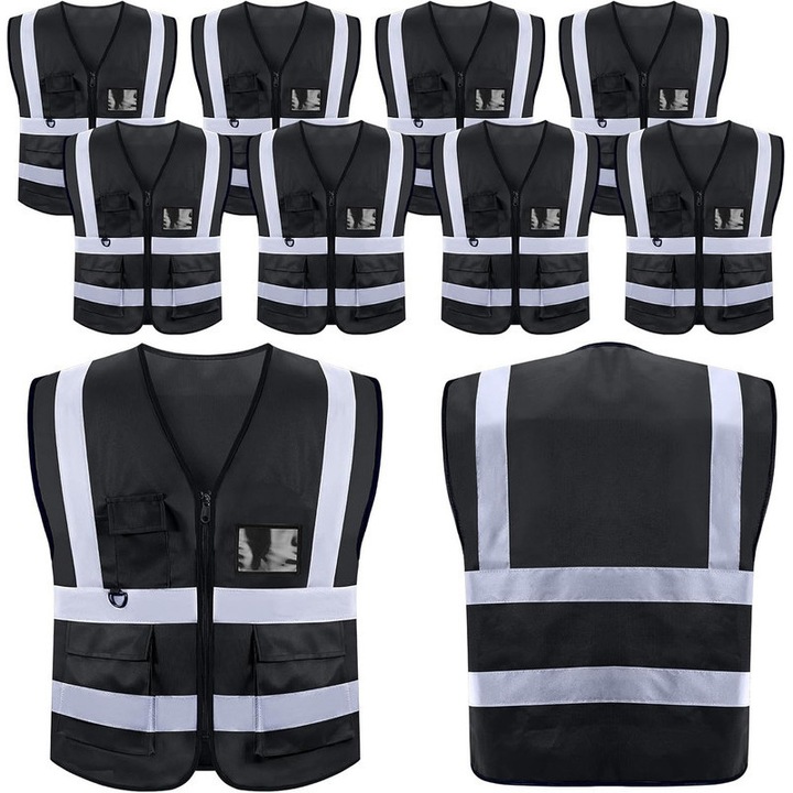 Set 10 veste reflective, Jeffouoo, poliester, 5 buzunare, negru