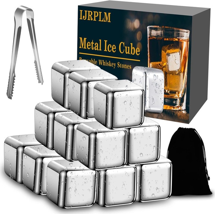 Set 18 Cuburi de Gheata Metalice, Jeffouoo, Inox, cu Cleste si Sac, pentru Whisky, Cocktailuri