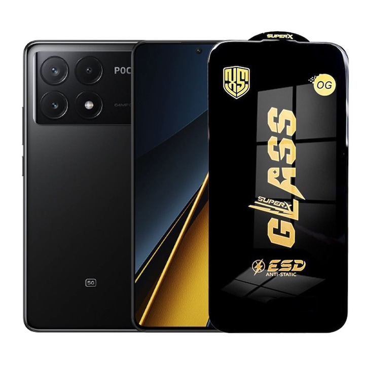 Folie de Protectie pentru Xiaomi Poco X6 Pro, Leski, Sticla Securizata ESD, Margini Negre, Rezistenta la Zgirieturi, Antistatica, 0.35 mm, Transparenta